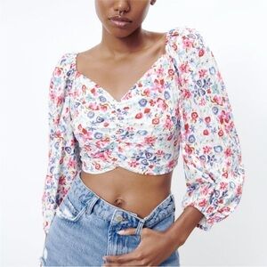 Zara floral cropped top linen blend tie back size L